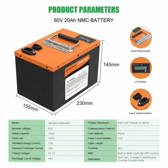 Batería de Litio 60V20AH Cubo - Especificaciones